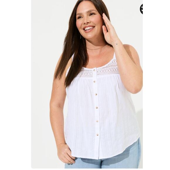 Torrid Button Up Embroidered Crochet Tank, Bright White, NWT, M/L - Picture 1 of 6